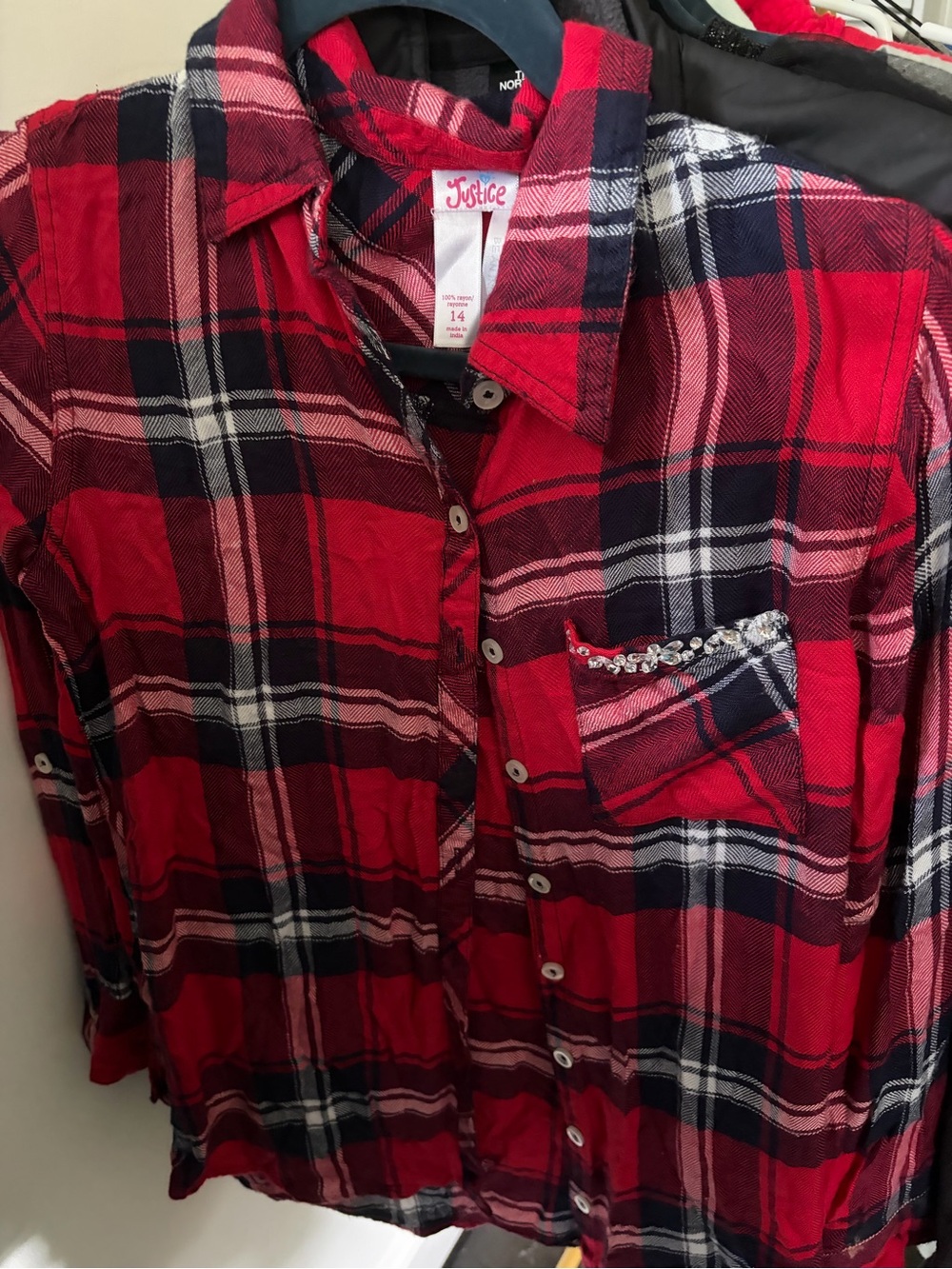 Justice Red Plaid Button-Down Shirt with Navy & White
